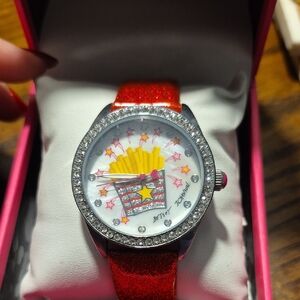 BETSEY JOHNSON "GOLDEN FRIES"  With RED Glitter STRAP WATCH NEW In Box With Tags